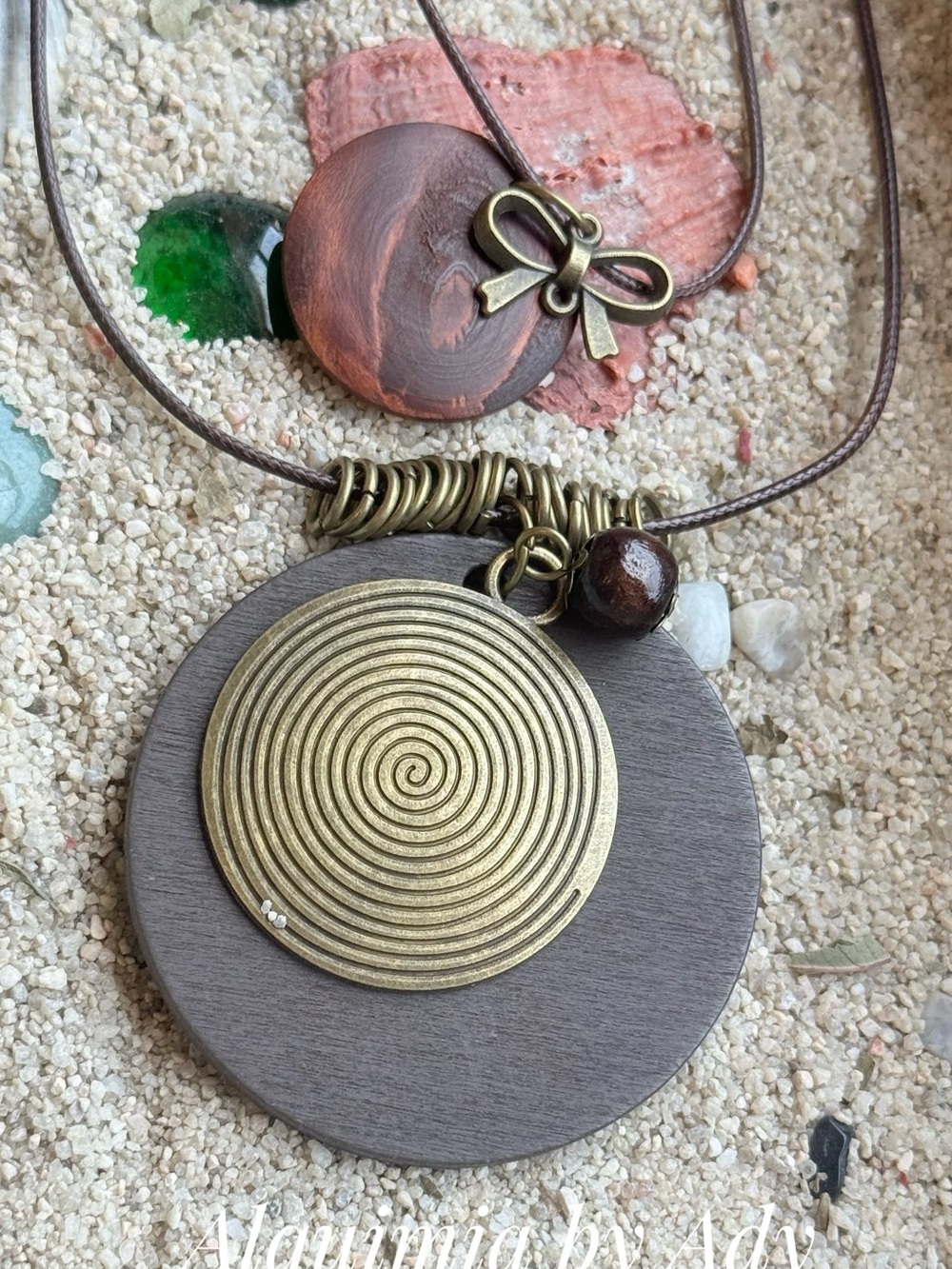 Fall essentials + Boho Brown Wood and Gold Spiral Pendant Necklace Tiger eye